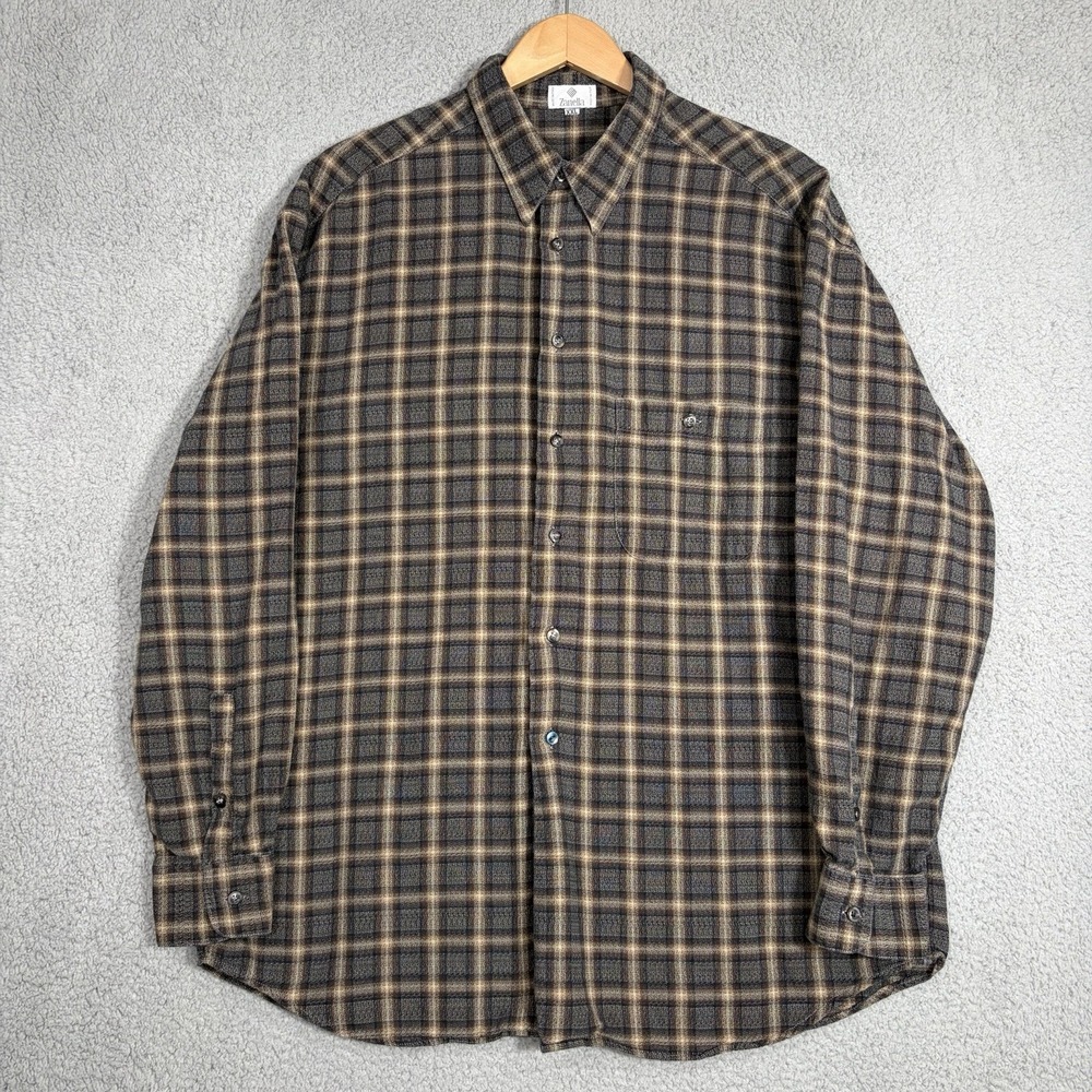 Zanella Men's Shirt XXL Brown Plaid Long Sleeve Made In Italy Button Up